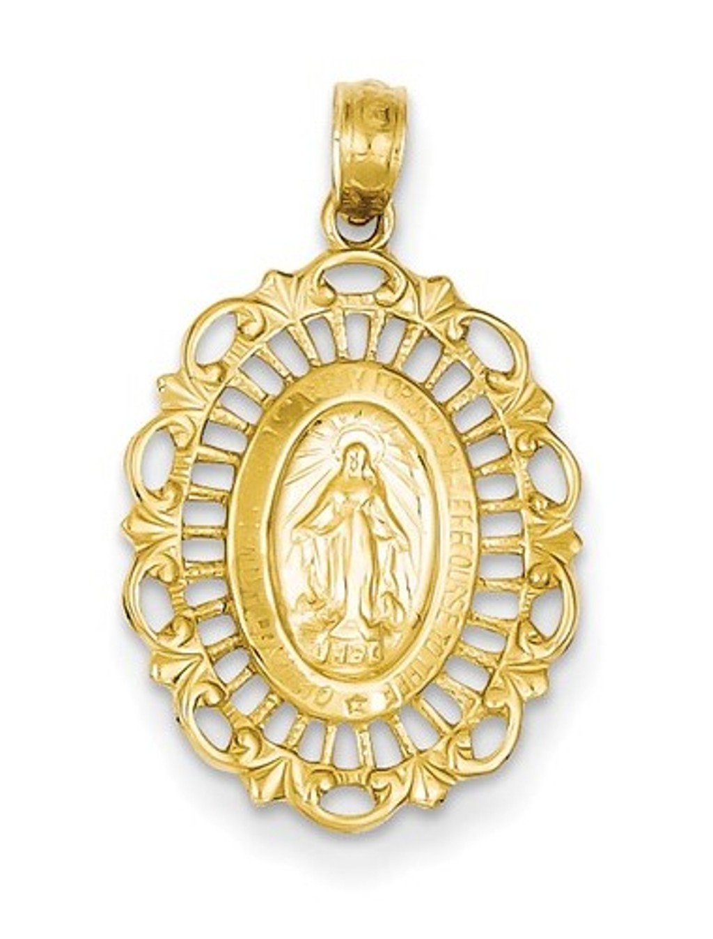 14k Yellow Gold Oval Miraculous Medal Charm Pendant (26X15 MM)