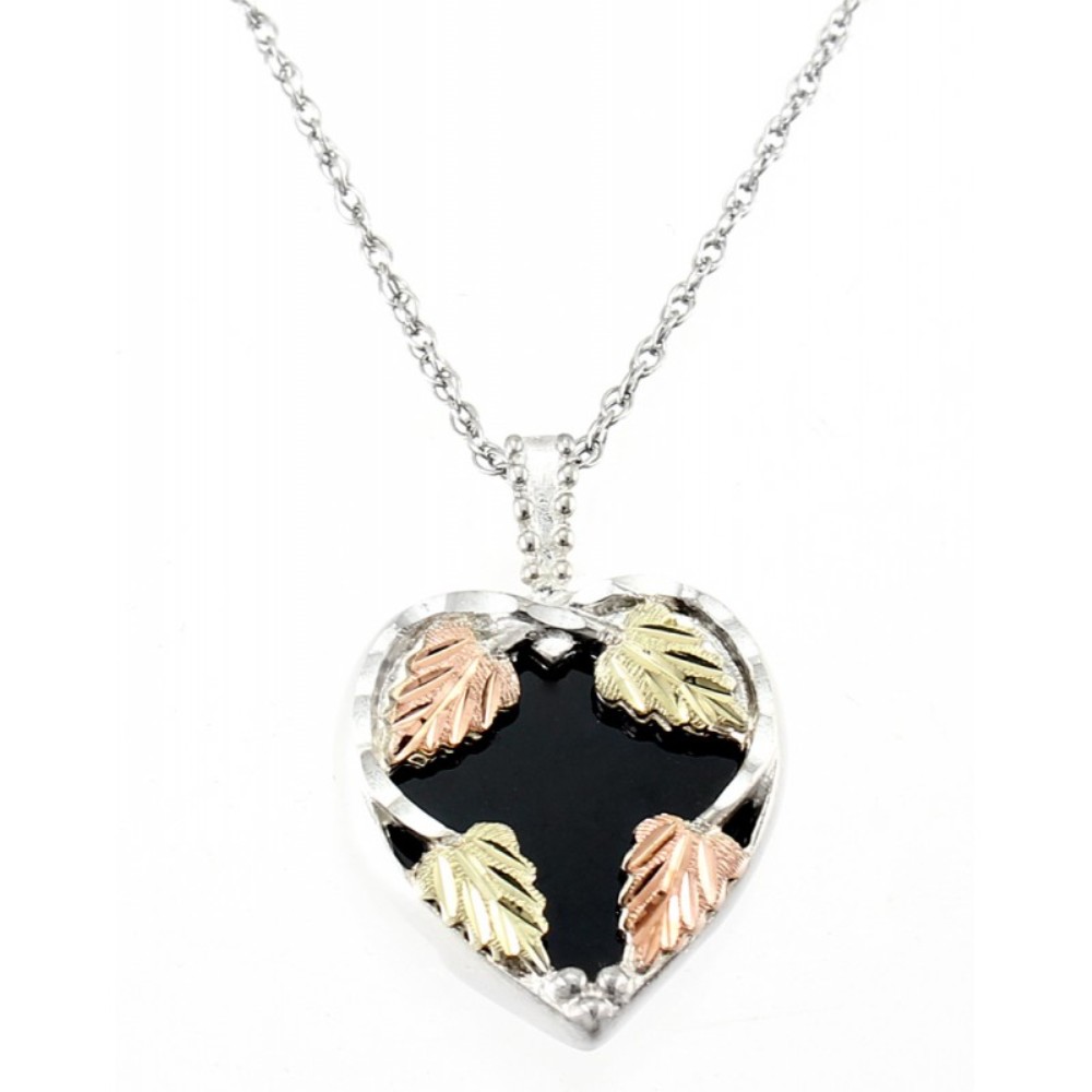 Onyx Heart with Leaves Pendant Necklace