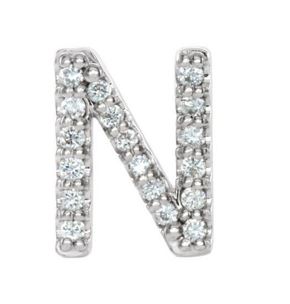 Rhodium-Plated 14k White Gold Diamond Letter 'N' Initial Stud Earring 