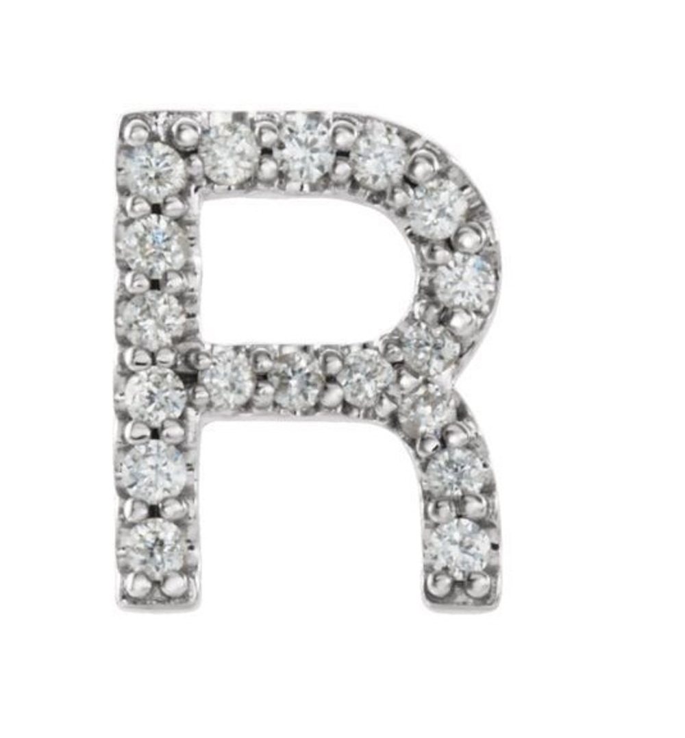 Rhodium-Plated 14k White Gold Diamond Letter 'R' Initial Stud Earring 