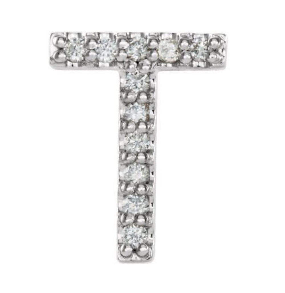 Rhodium-Plated 14k White Gold Diamond Letter 'T' Initial Stud Earring 