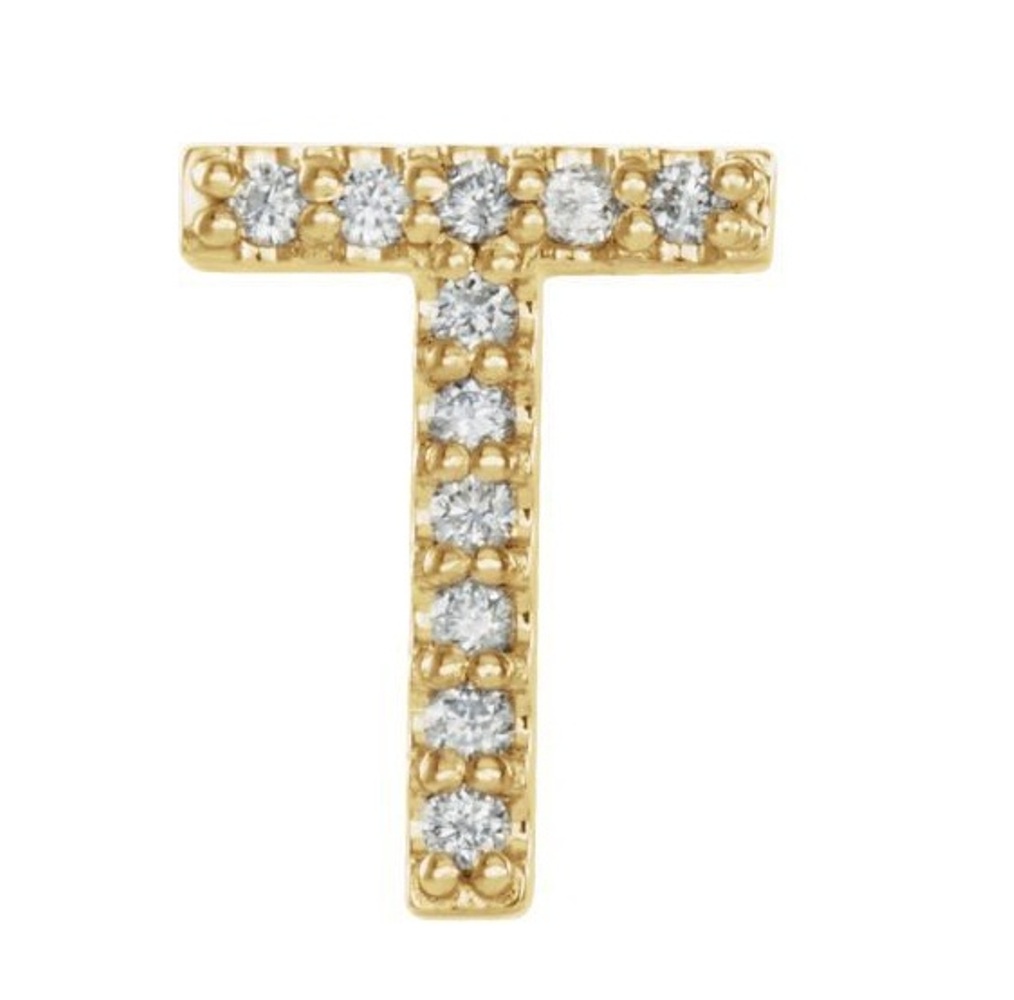 14k Yellow Gold Gold Diamond Letter 'T' Initial Stud Earring 