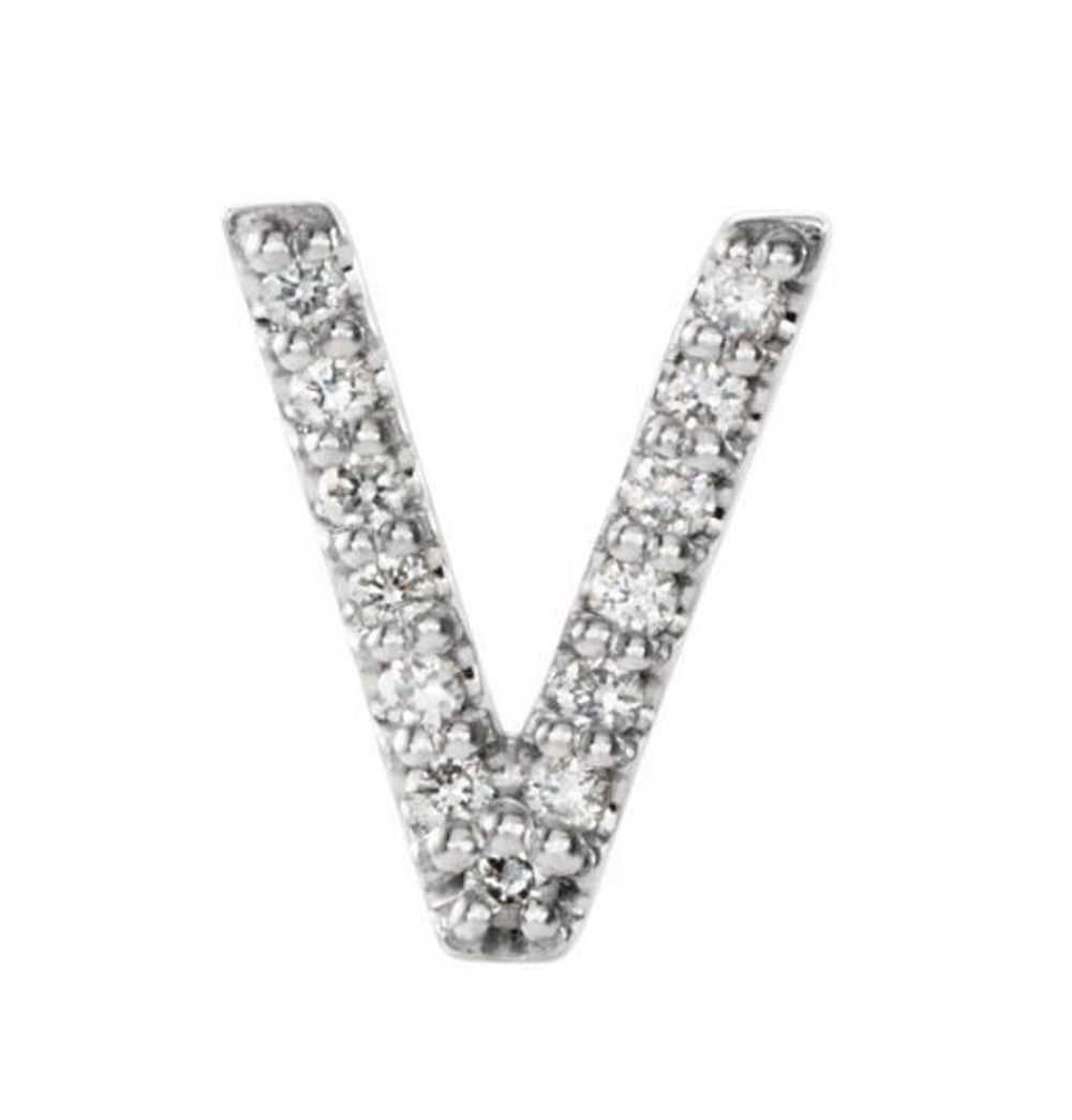 Rhodium-Plated 14k White Gold Diamond Letter 'V' Initial Stud Earring 