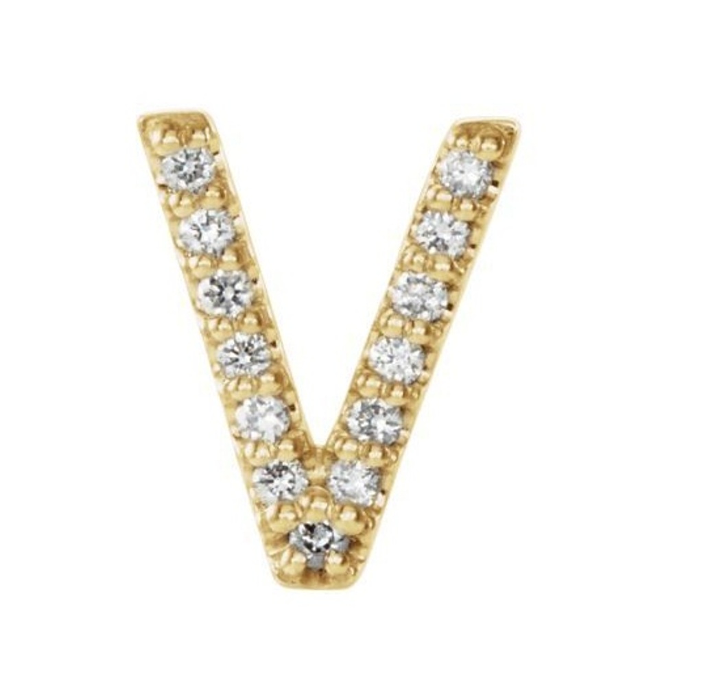 14k Yellow Gold Gold Diamond Letter 'V' Initial Stud Earring 