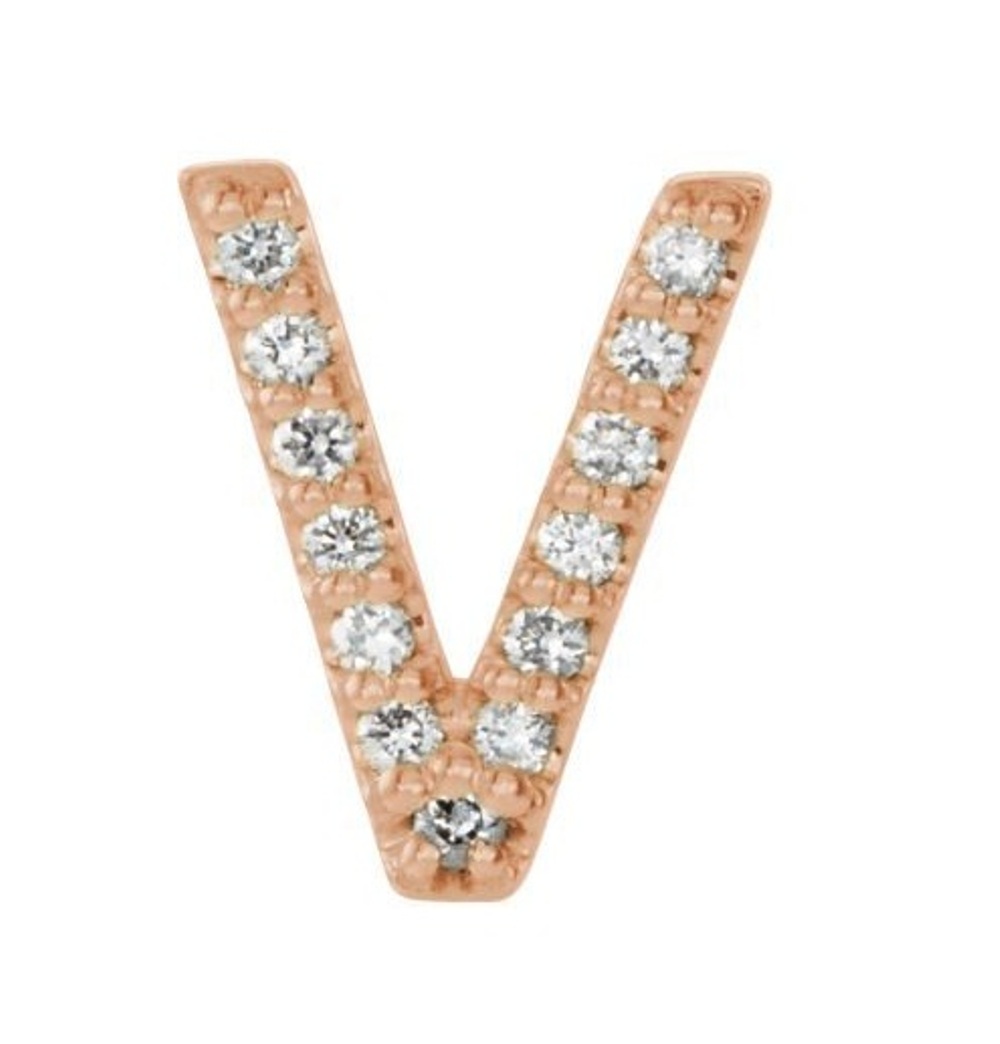 14k Rose Gold Diamond Letter 'V' Initial Stud Earring 