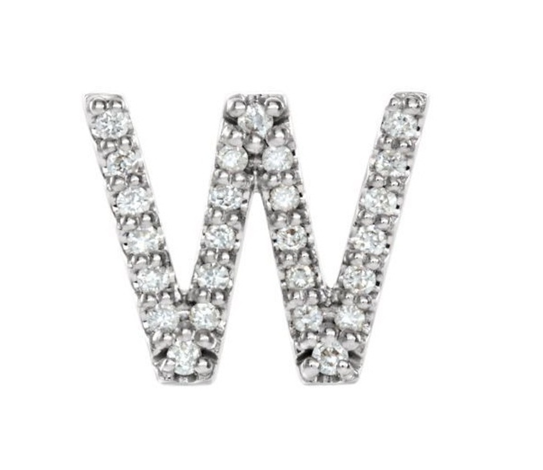 Rhodium-Plated 14k White Gold Diamond Letter 'W' Initial Stud Earring 