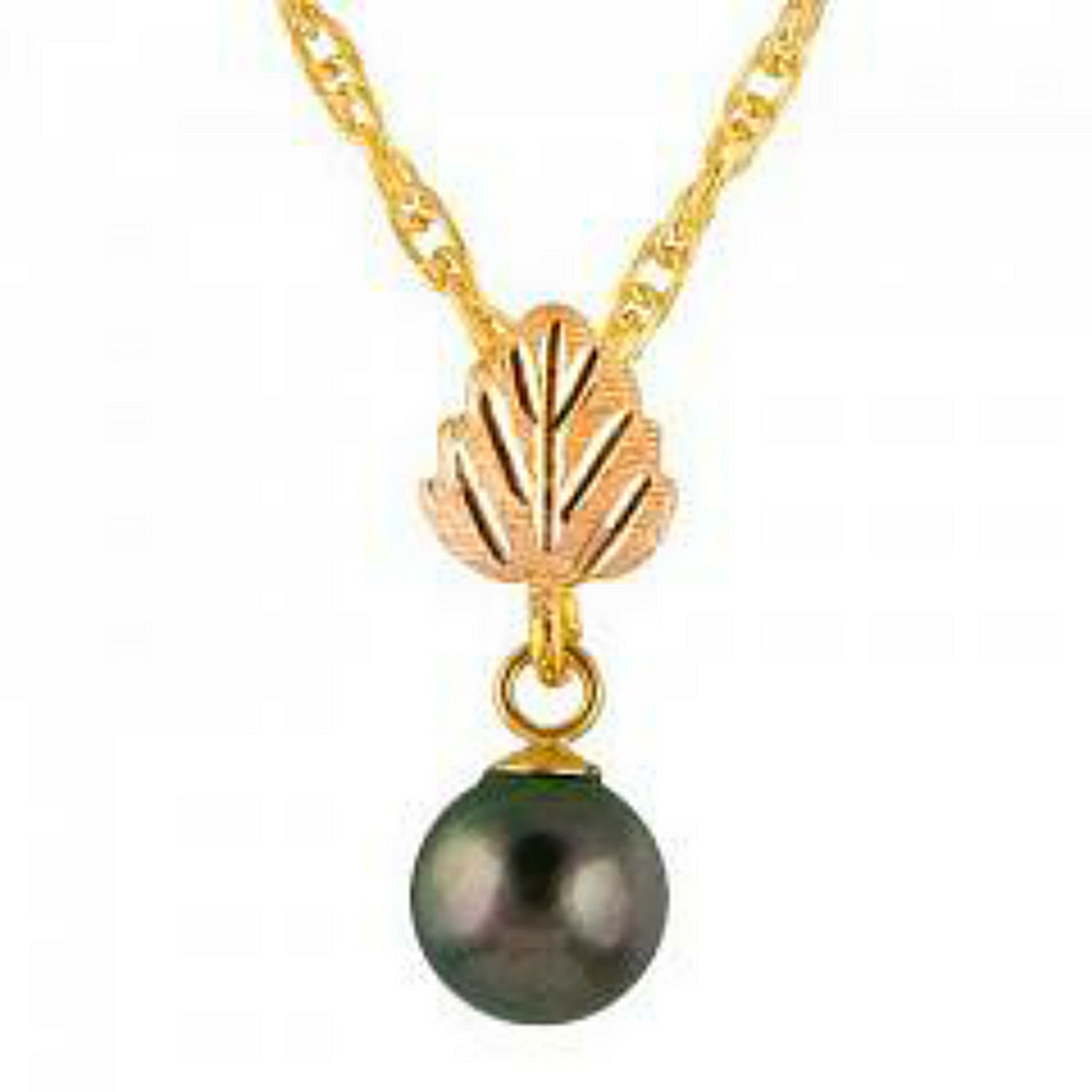 Black Pearl Dangle Leaf Pendant Necklace, 10k Yellow Gold, 12k Green and Rose Gold Black Hills Gold Motif 