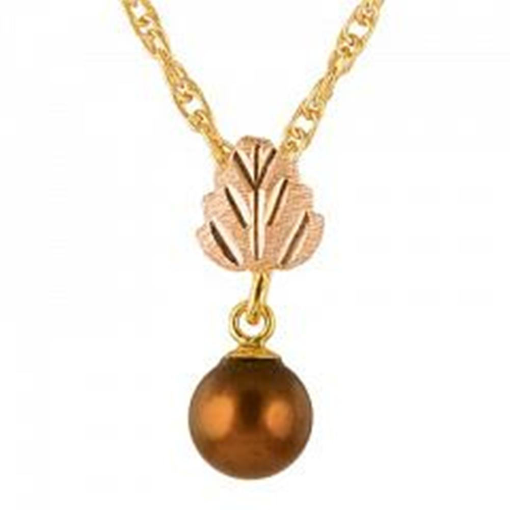 Brown Chocolate Pearl Dangle Leaf Pendant Necklace, 10k Yellow Gold, 12k Green and Rose Gold Black Hills Gold Motif 