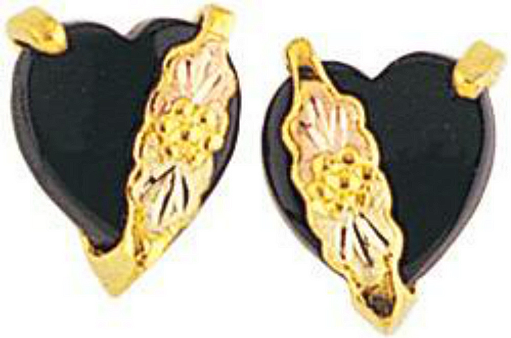 Onyx Heart Earrings, 10k Yellow Gold, 12k Green and Rose Gold Black Hills Gold Motif. 