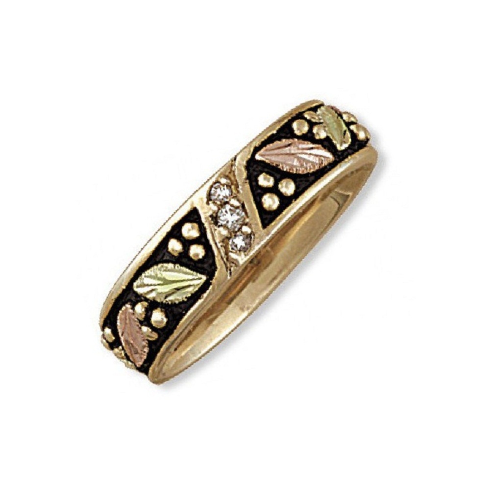 Men's Diamond ring, 10k yellow gold, 12k Rose and Green Gold Black Hill Gold Motif. 