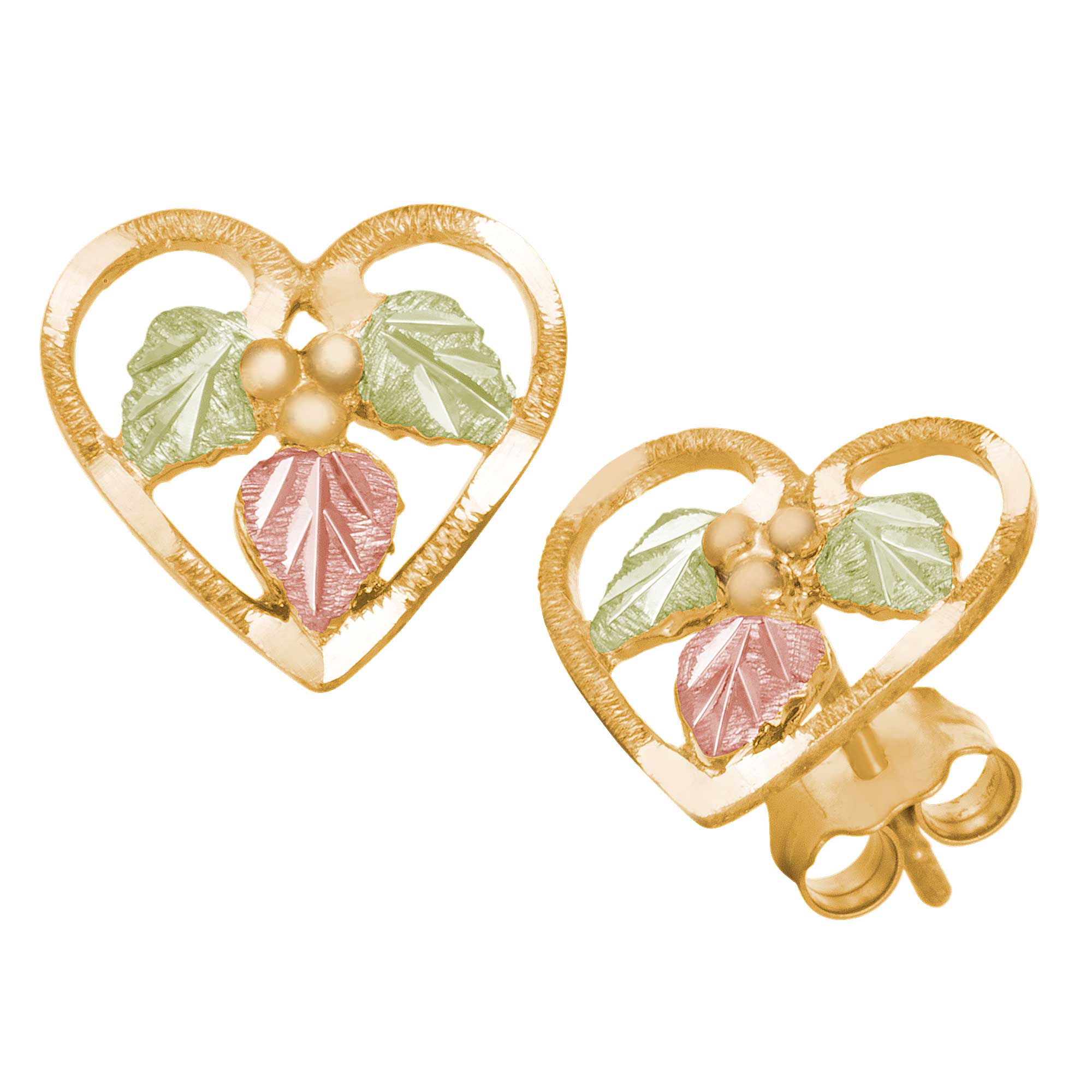 Heart with Grape Leaves Earrings, 10k Yellow Gold