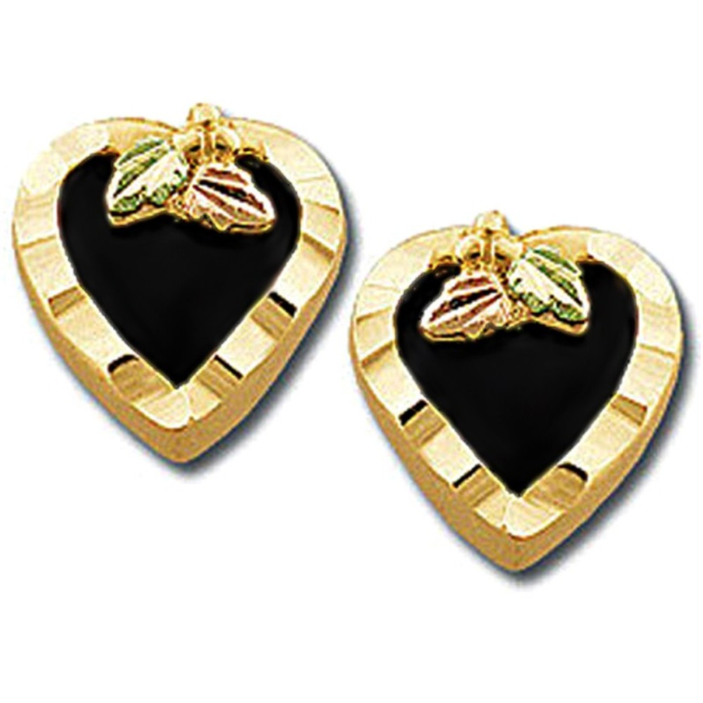 Onyx Heart Earring, 10k Yellow Gold. 