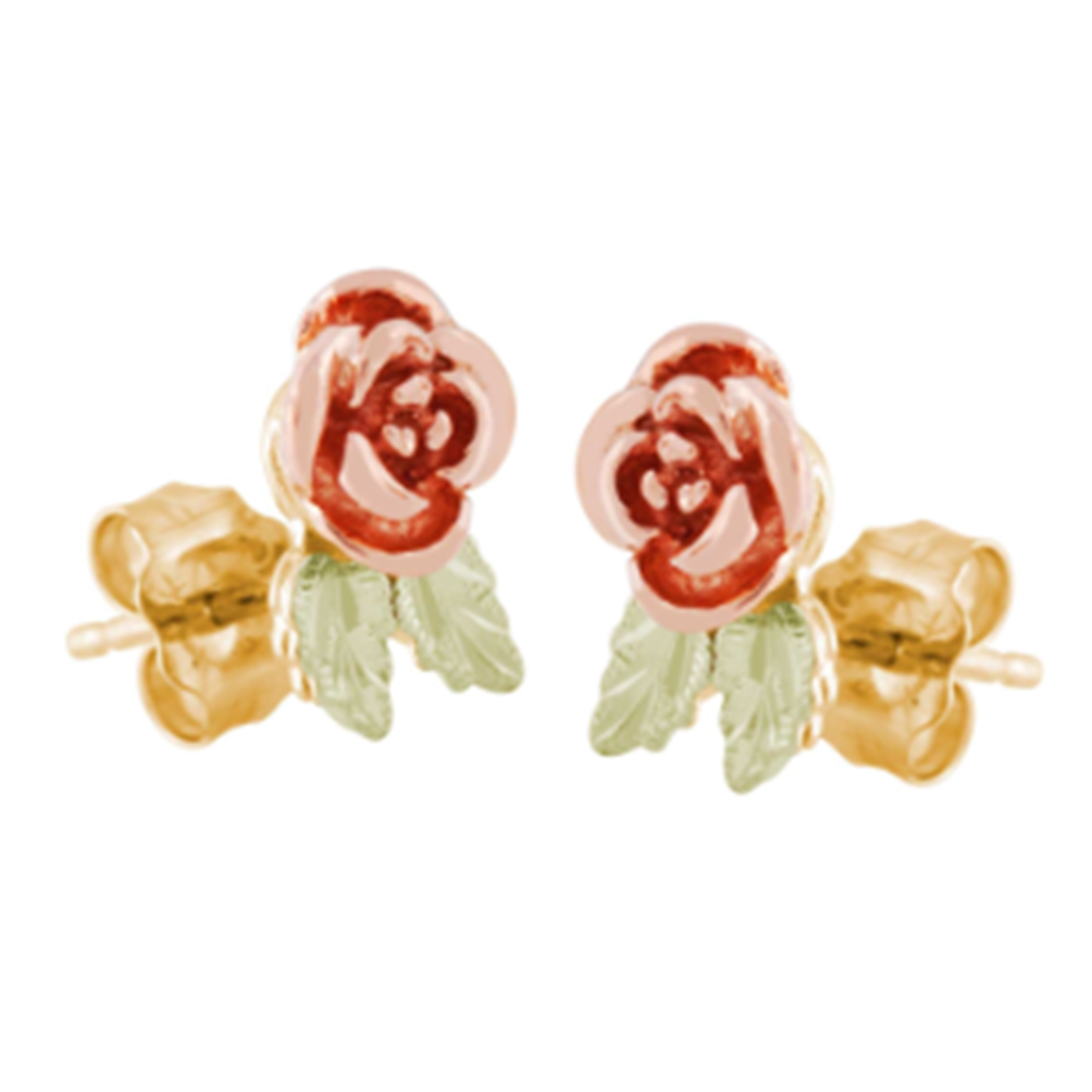 3D Rose Flower Earrings, 10k Yellow Gold, 12k Green and Rose Gold Black Hills Gold Motif