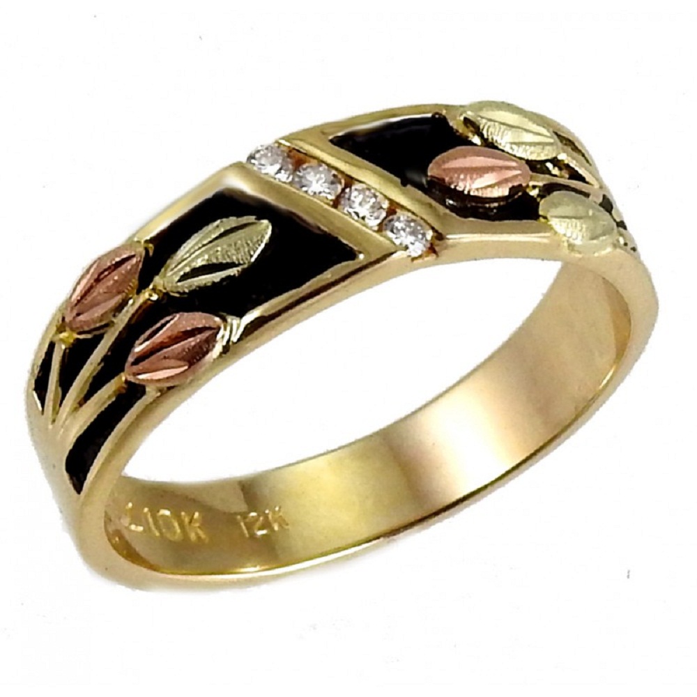 Men's Antiqued Wedding with Diamond ring, 10k yellow gold, 12k Rose and Green Gold Black Hill Gold Motif. 