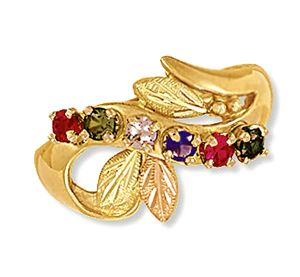 Round Garnet, Peridot, White Topaz, Amethyst, Ruby, Emerald with Leaves Mother's Swirl Ring, 10k Yellow Gold, 12k Green and Rose Gold Black Hills Gold Motif. 