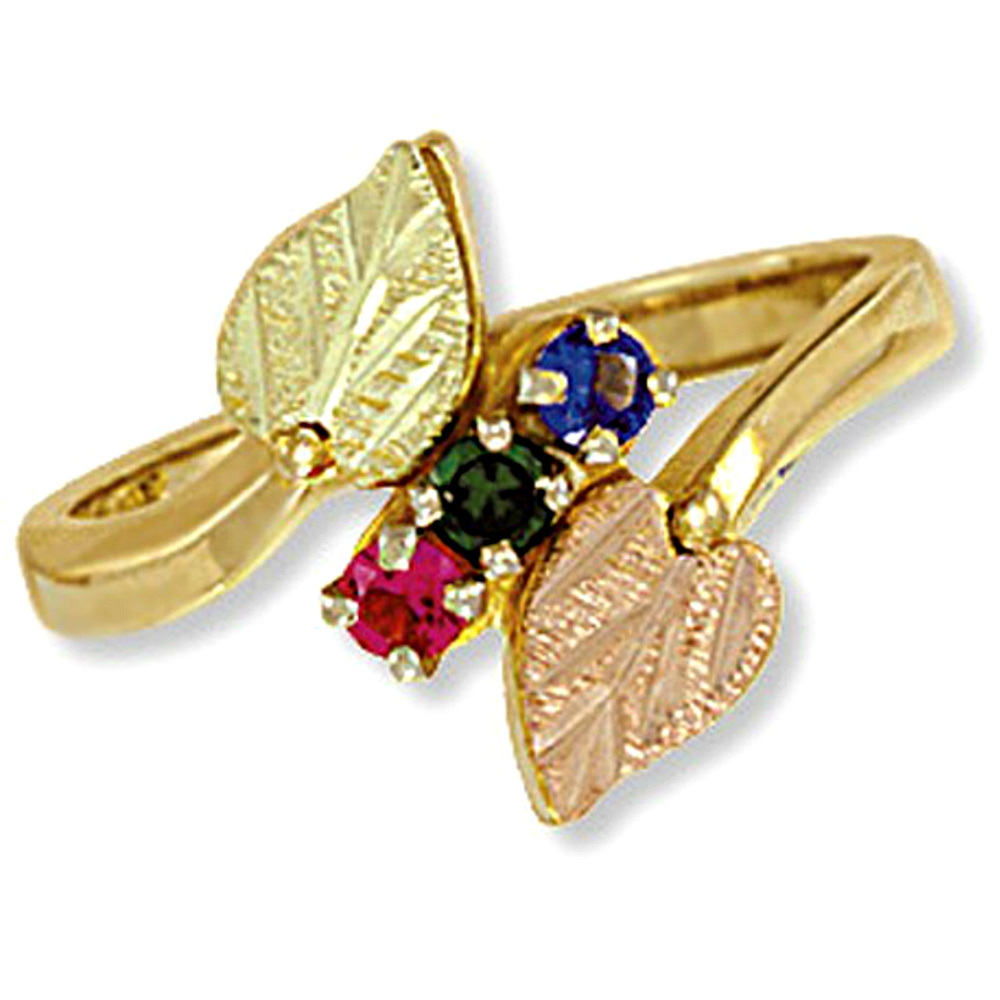 Round Genuine Blue Sapphire, Emerald, Ruby Bypass Mother's Ring, 10k Yellow Gold, 12k Green and Rose Gold Black Hills Gold Motif.