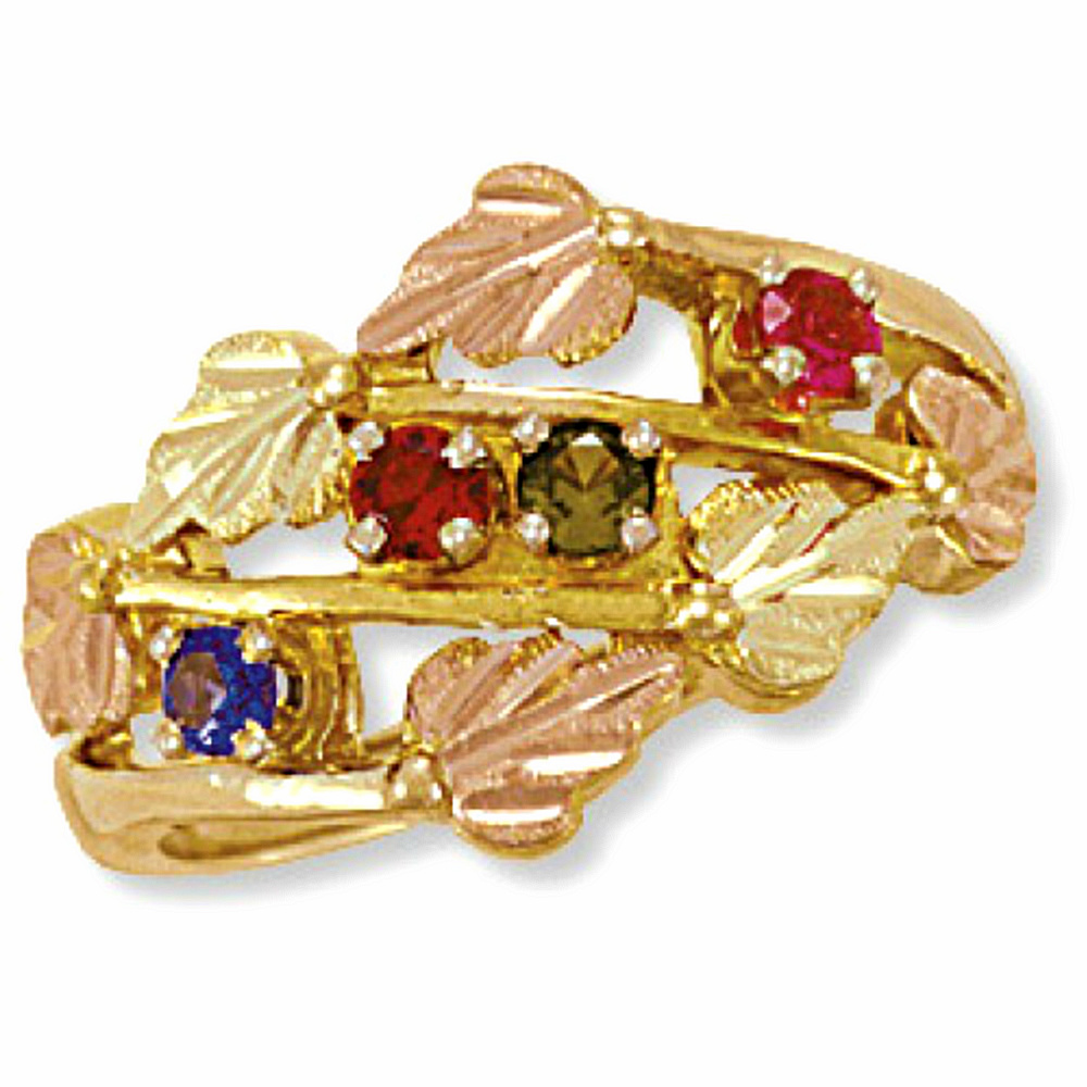 Round Genuine Ruby, Garnet, Peridot, Blue Sapphire Three Rows Mother's Ring, 10k Yellow Gold, 12k Green and Rose Gold Black Hills Gold Motif.