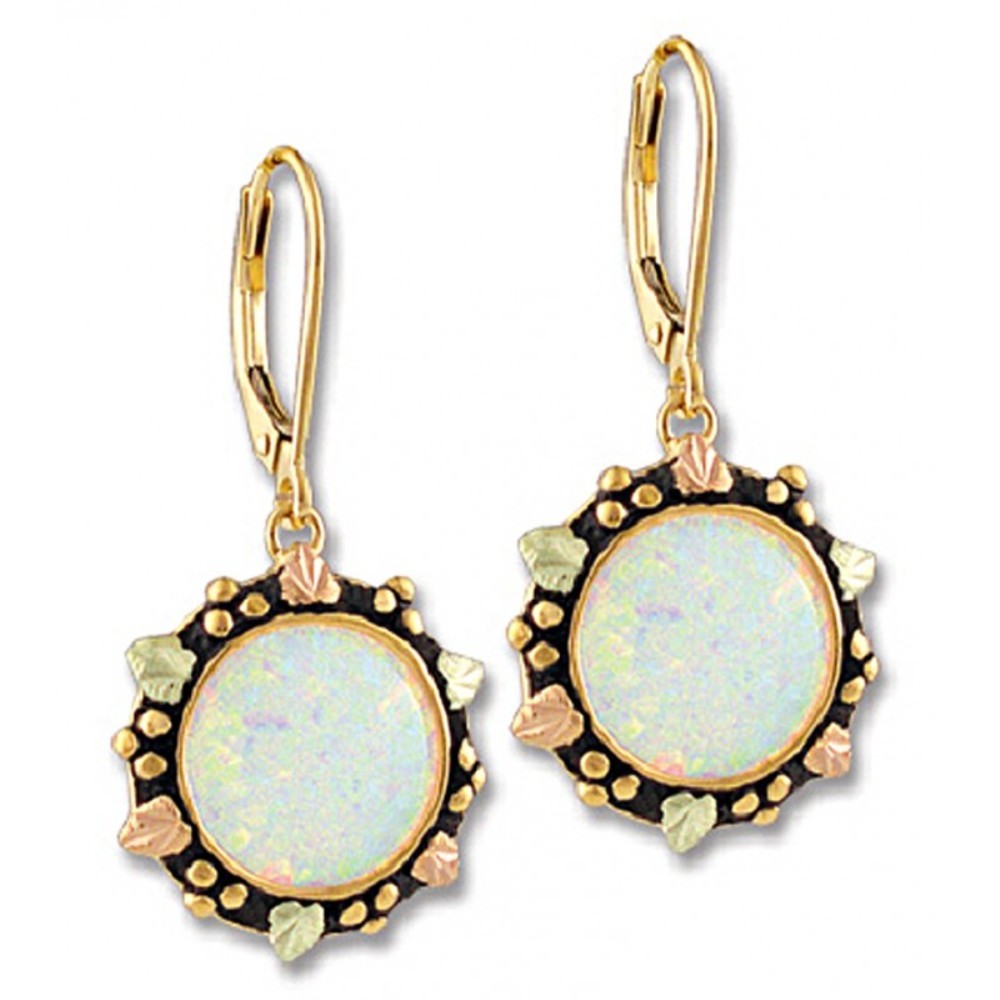 Round Opal Earring, 10k Yellow Gold. 