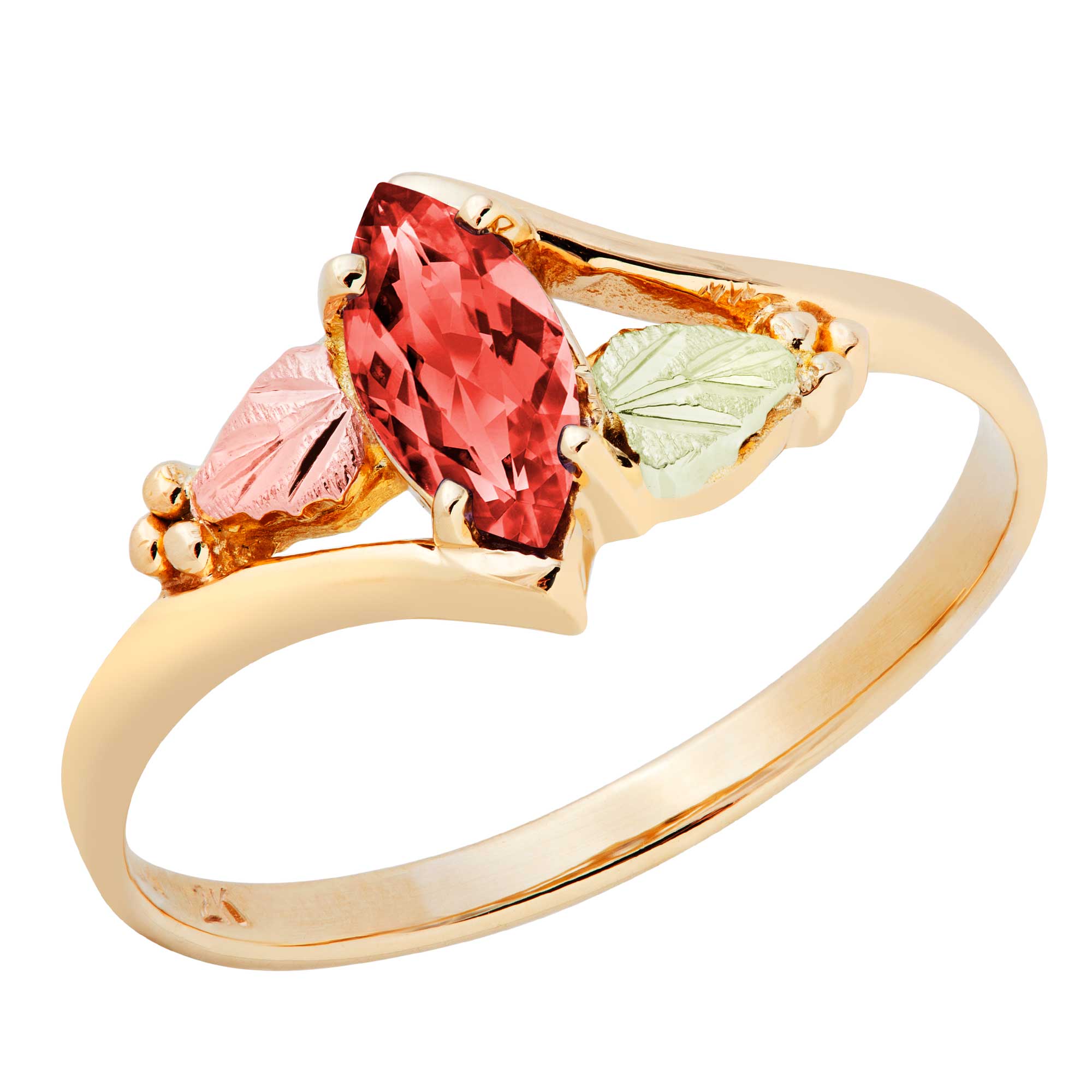 Created Garnet Marquise January Birthstone Bypass Ring Black Hills Gold motif. 
