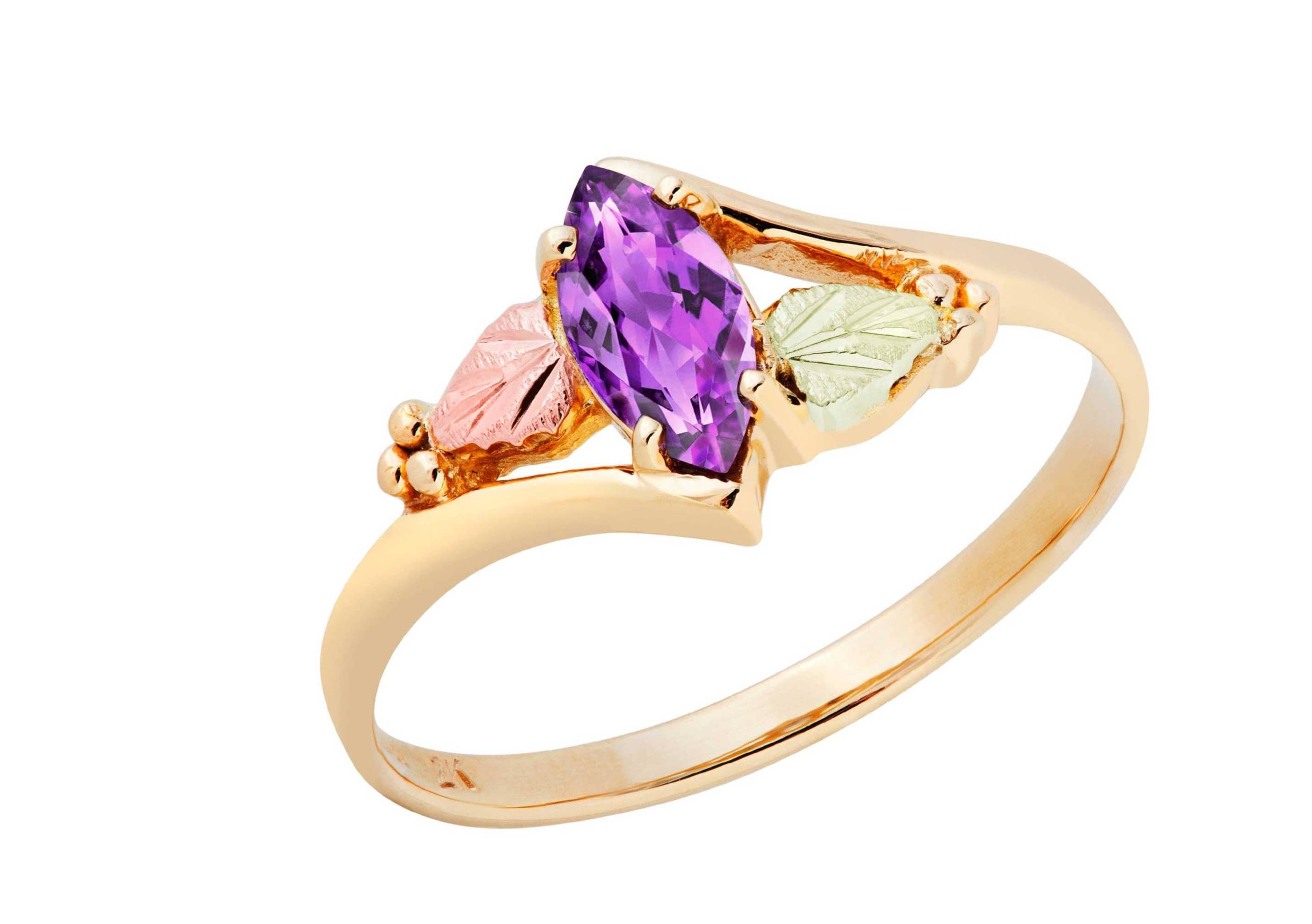 Created Soude Amethyst Marquise February Birthstone Bypass Ring, Black Hills Gold motif. 