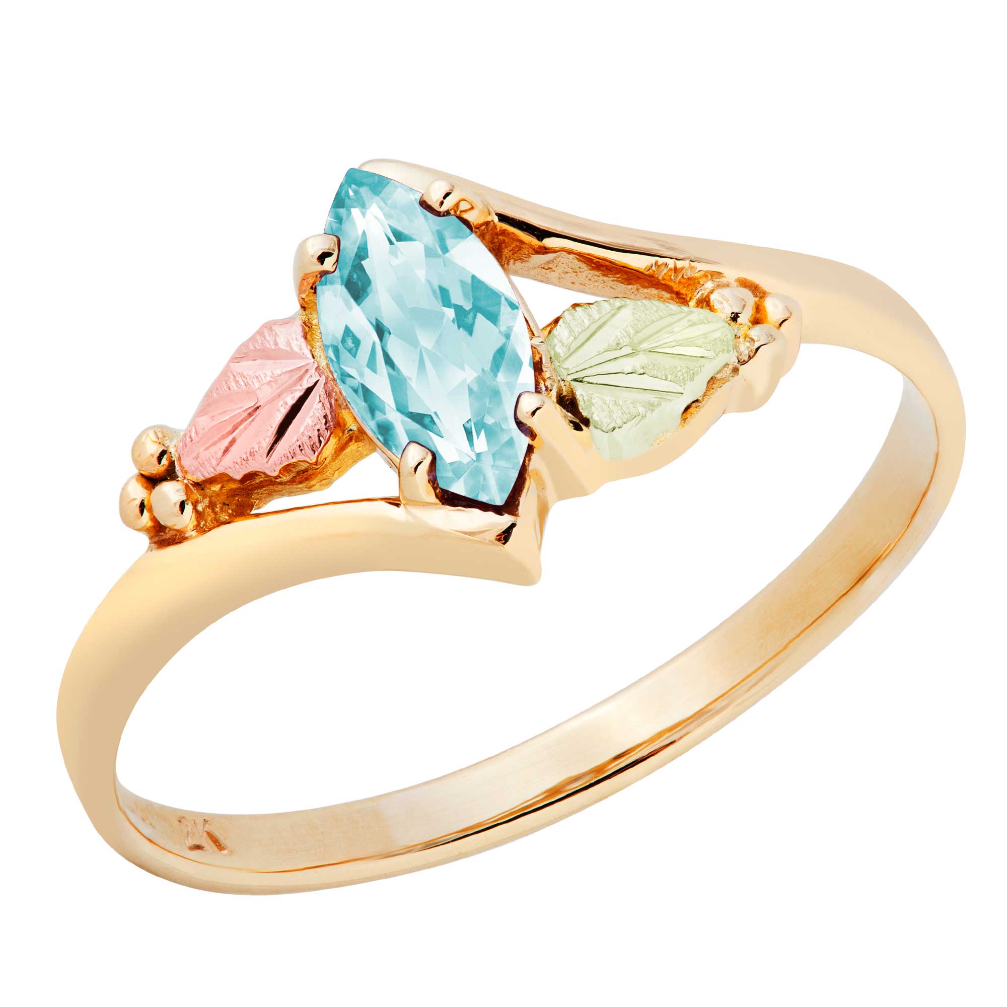 Created Aquamarine Marquise March Birthstone Bypass Ring, Black Hills Gold motif. 