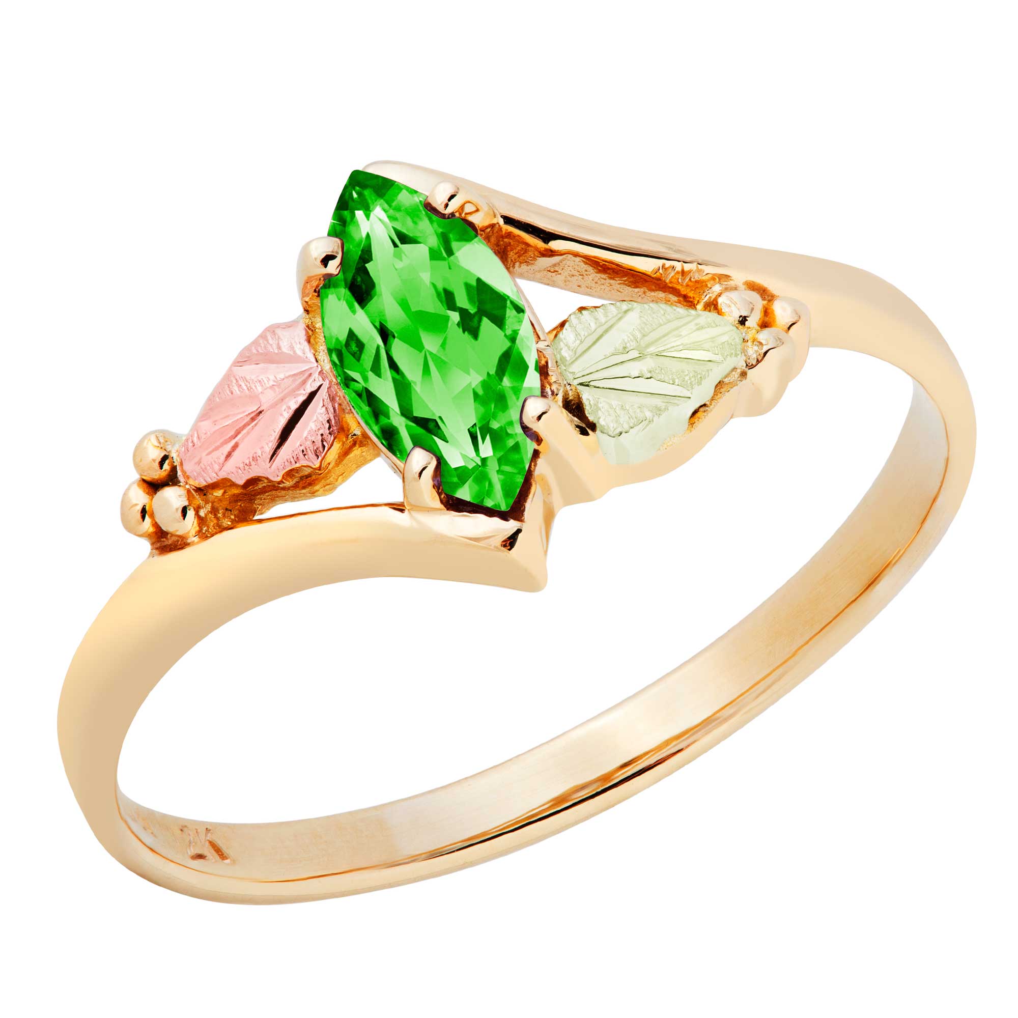 Created Soude Emerald Marquise May Birthstone Bypass Ring, Black Hills Gold motif. 