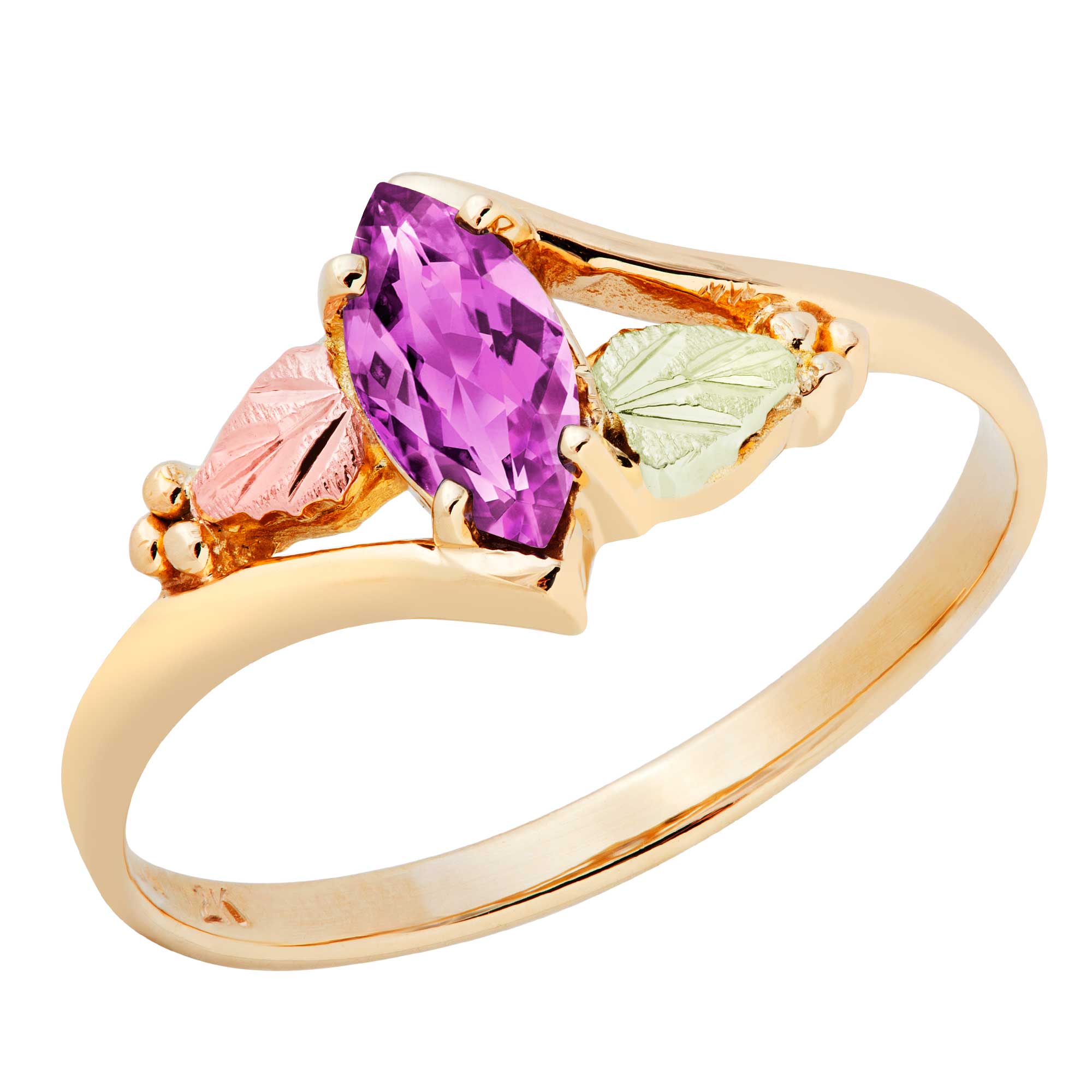 Created Alexandrite Marquise June Birthstone Bypass Ring, Black Hills Gold motif. 