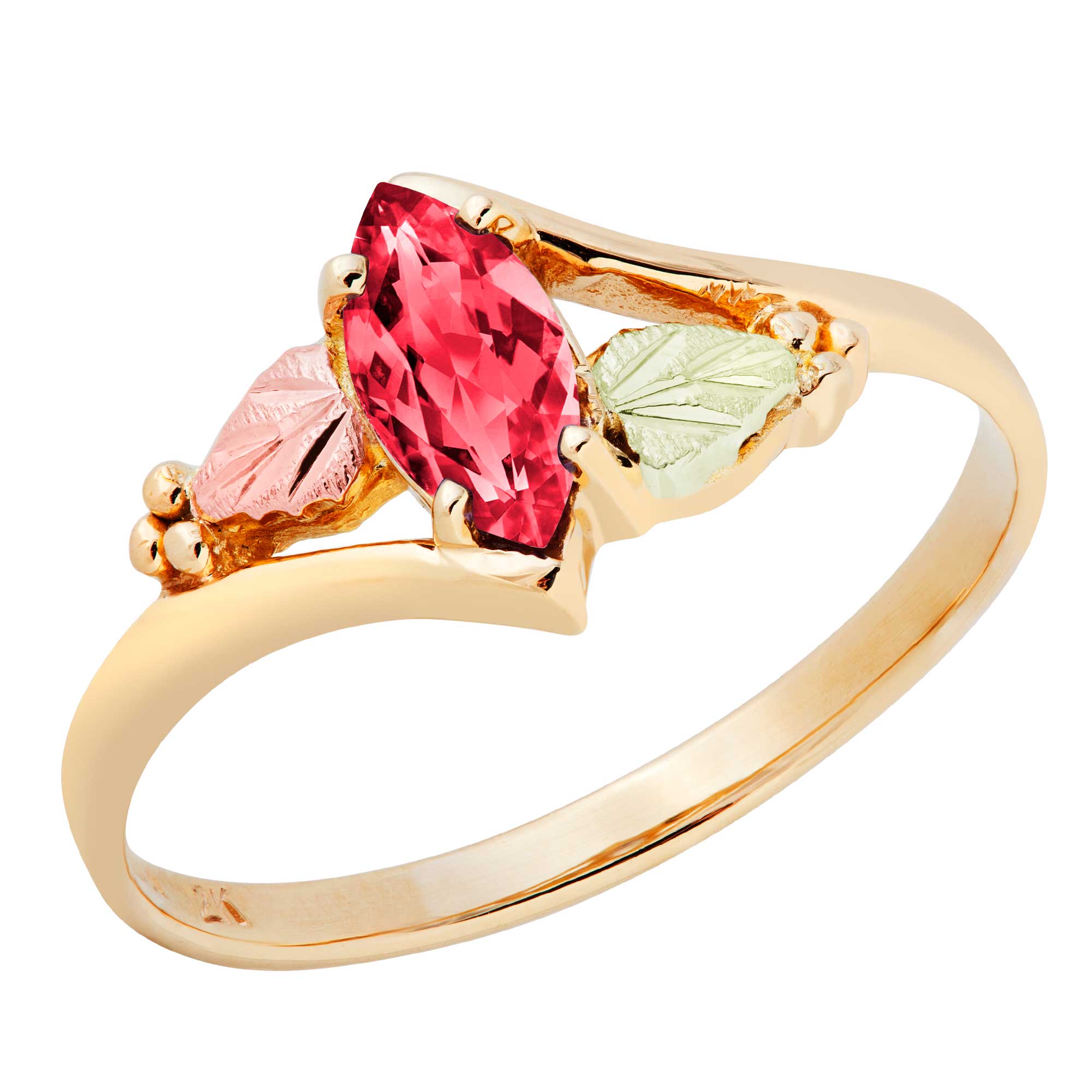 Created Ruby Marquise July Birthstone Bypass Ring, Black Hills Gold motif. 