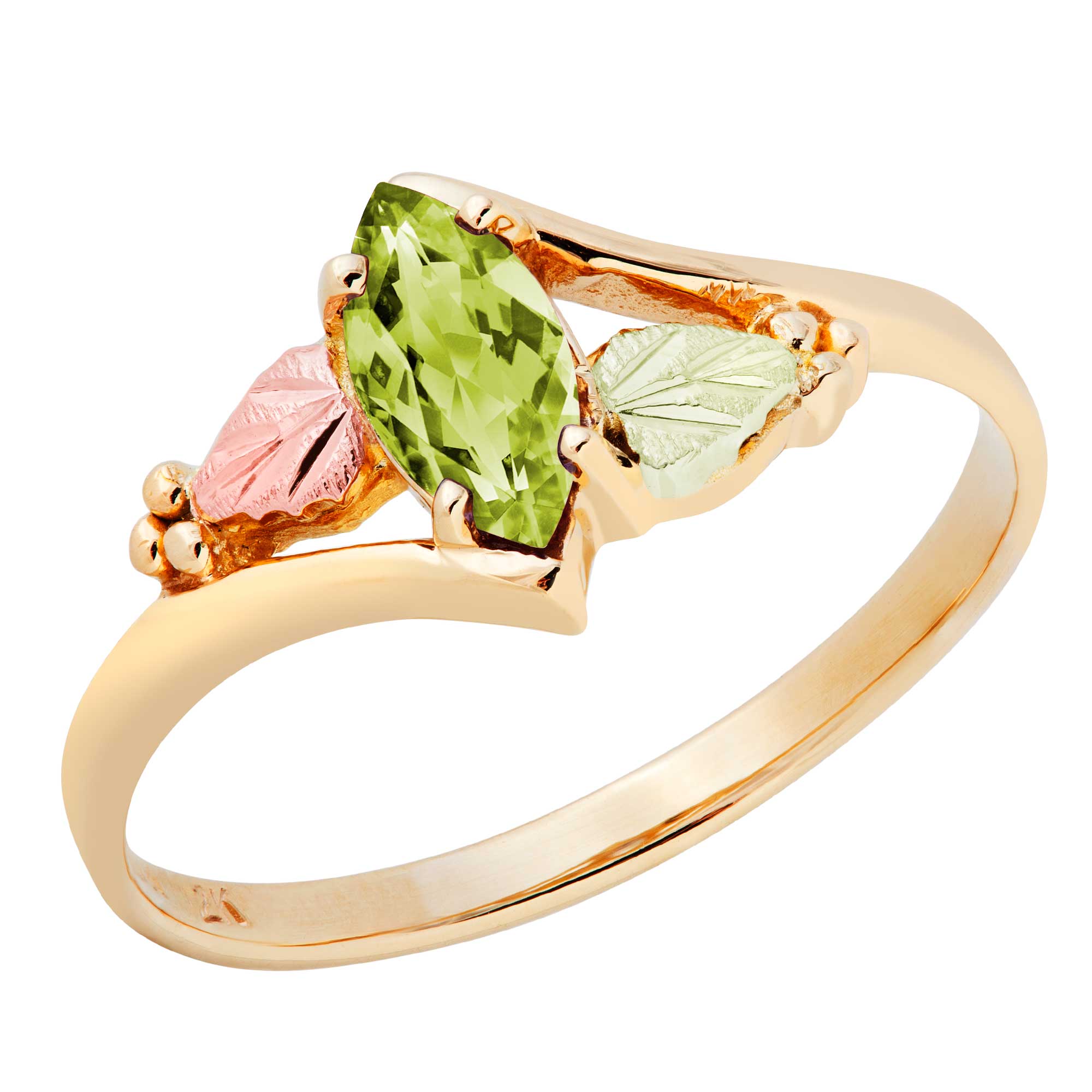 Created Soude Peridot Marquise August Birthstone Bypass Ring, Black Hills Gold motif. 
