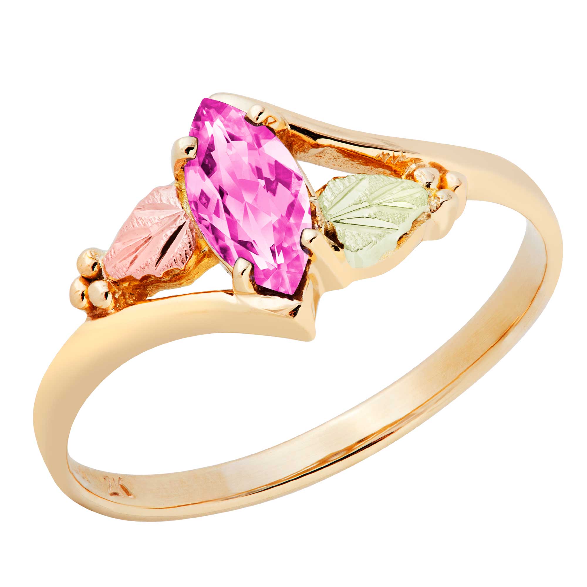 Created Rose Zircon Marquise October Birthstone Bypass Ring, Black Hills Gold motif. 