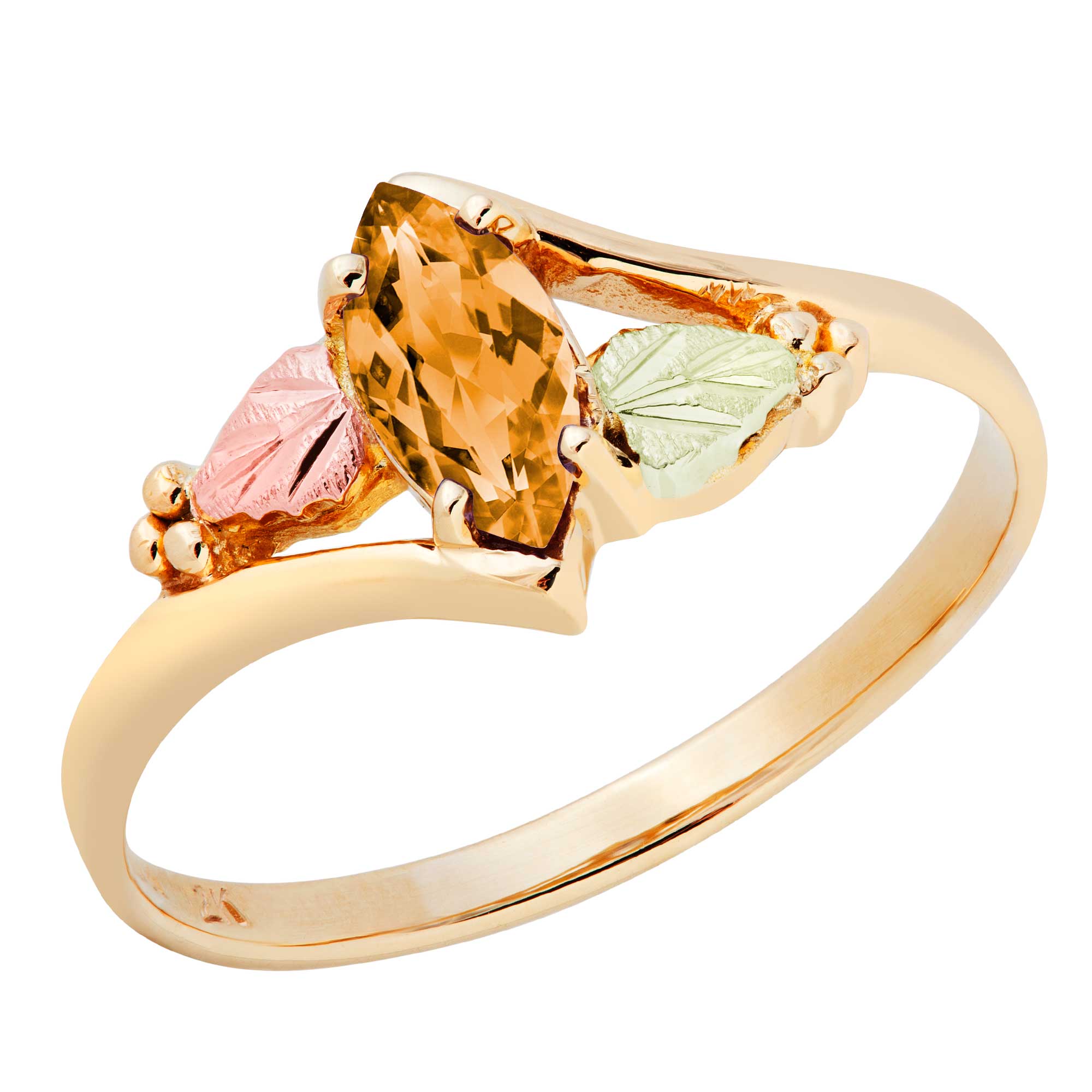 Created Gold Topaz Marquise November Birthstone Bypass Ring, Black Hills Gold motif. 