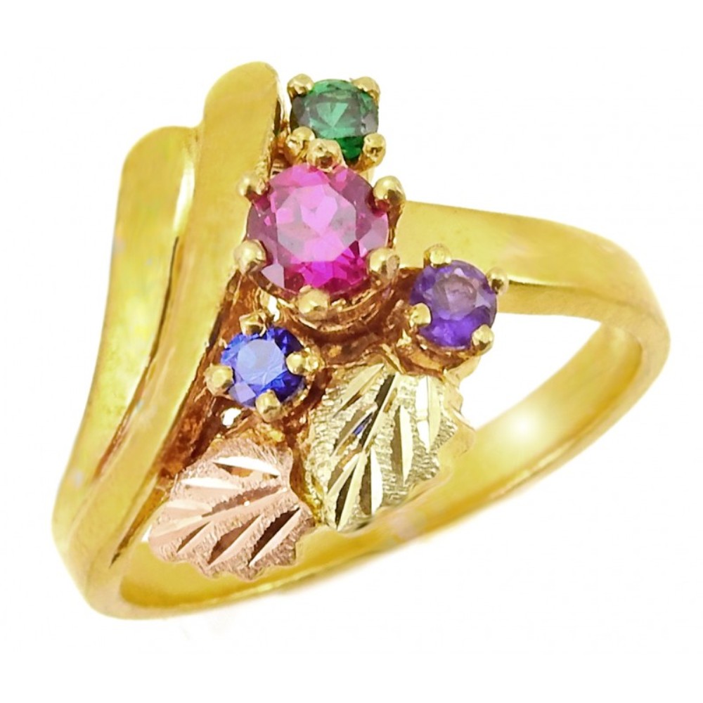 Created Ruby, Emerald, Blue Sapphire, Amethyst, Swirl Mother's Ring, 10k Yellow Gold, 12k Green and Rose Gold Black Hills Gold Motif.