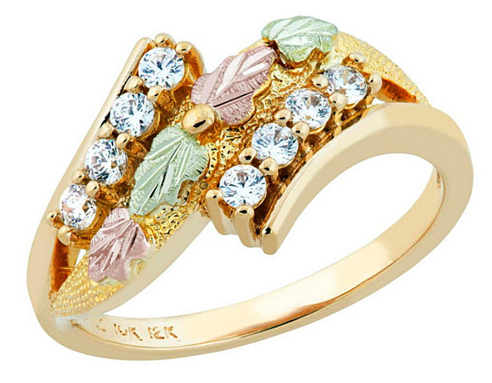 Round CZ Bypass Ring, 10k Yellow Gold, 12k Green and Rose Gold Black Hills Gold Motif