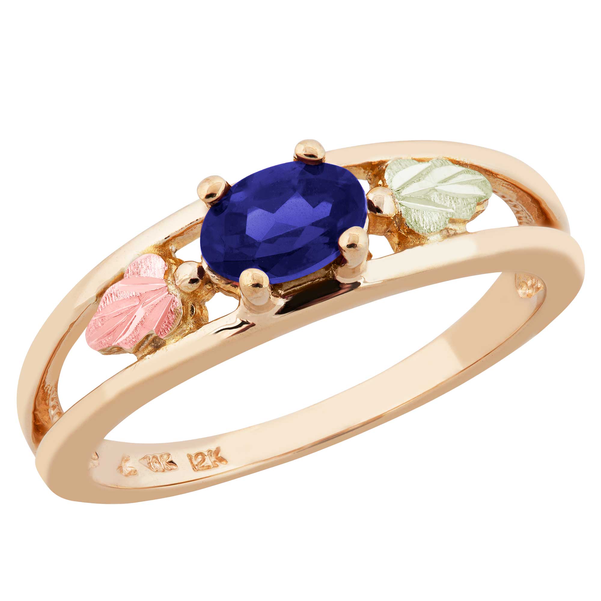 Blue Sapphire Gemstone Ring, 12k Green and Rose Gold Black Hills Gold Motif