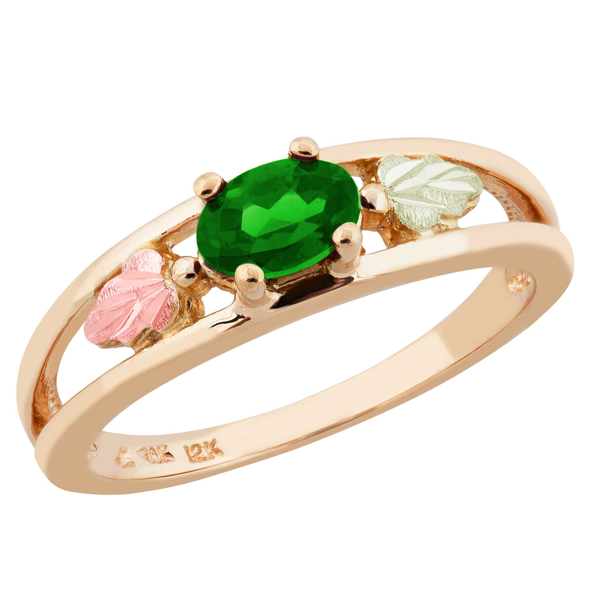 Emarald Gemstone Ring, 12k Green and Rose Gold Black Hills Gold Motif