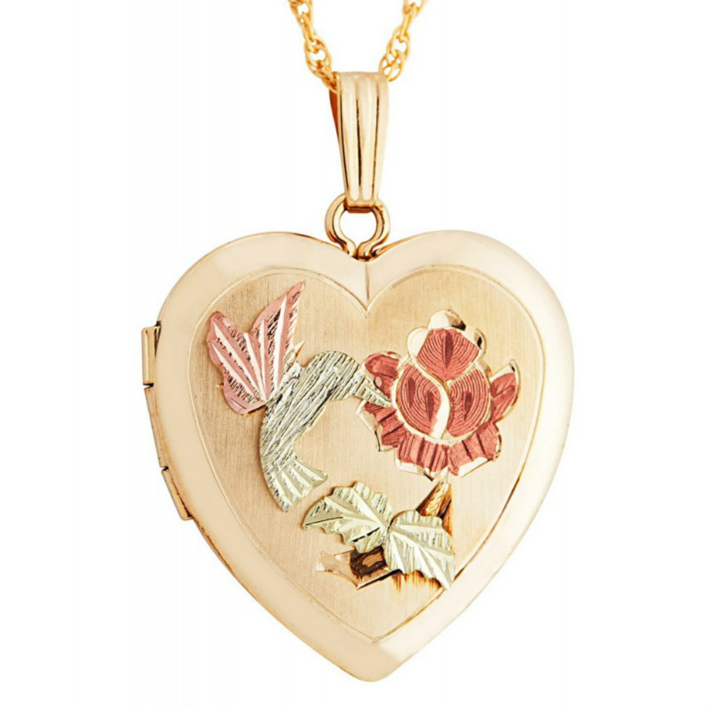 Black Hills Gold Heart Shaped Locket with Hummingbird motif. 