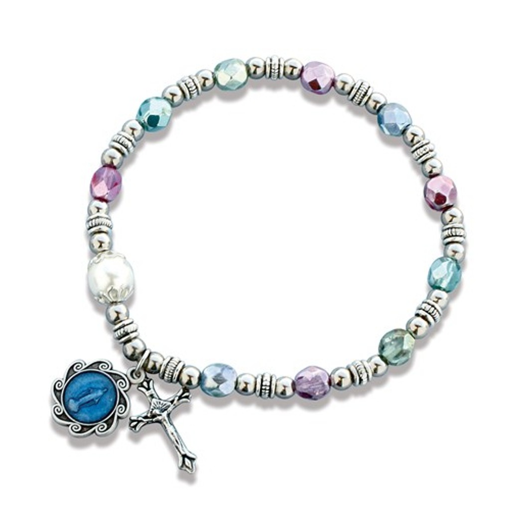 Silver-Tone Blue Beads Miraculous Medal Bracelet, 7