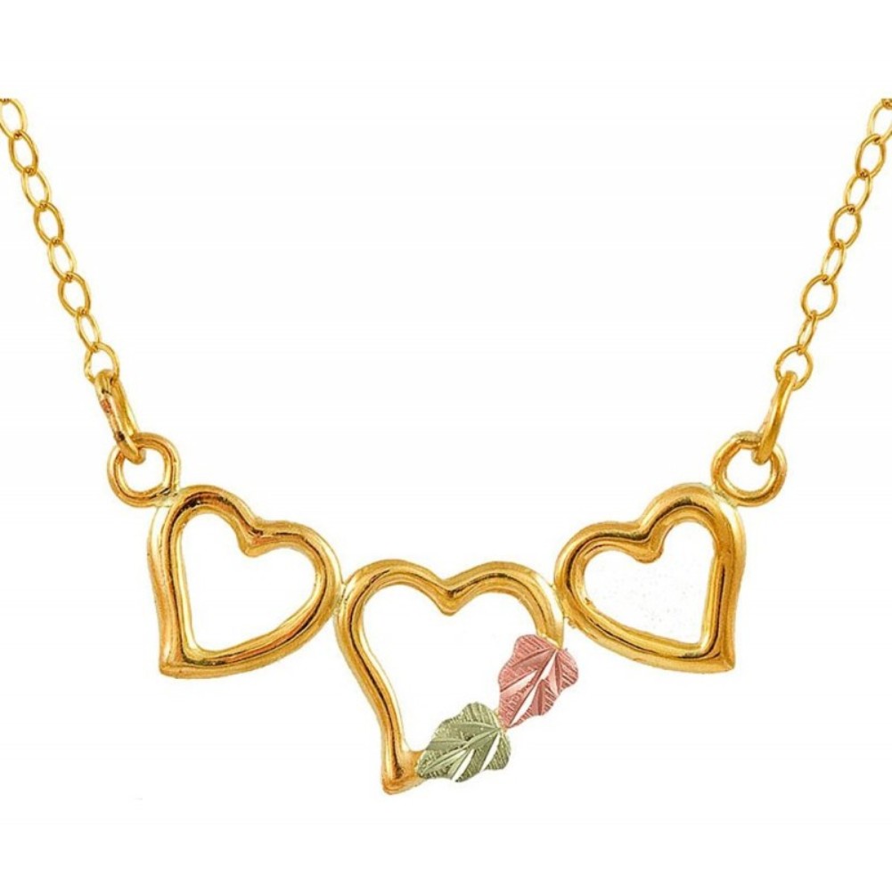 Three Heart Pendant Necklace, 10k Yellow Gold, 12k Green and Rose Gold Black Hills Gold Motif