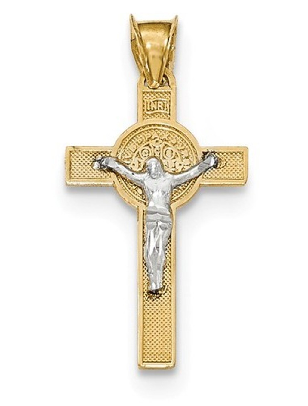 Rhodium-Plated 14k Yellow and White Gold Two-tone St. Benedict Medal Crucifix Cross Pendant