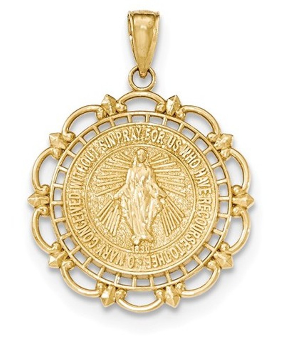 14k Yellow Gold Miraculous Medal With Scallop Frame Pendant