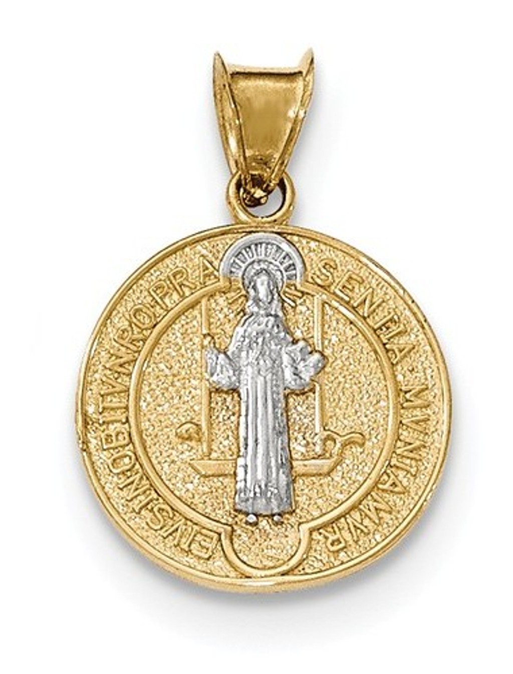 Rhodium-Plated 14k Yellow Gold Circle St. Benedict Medal Pendant
