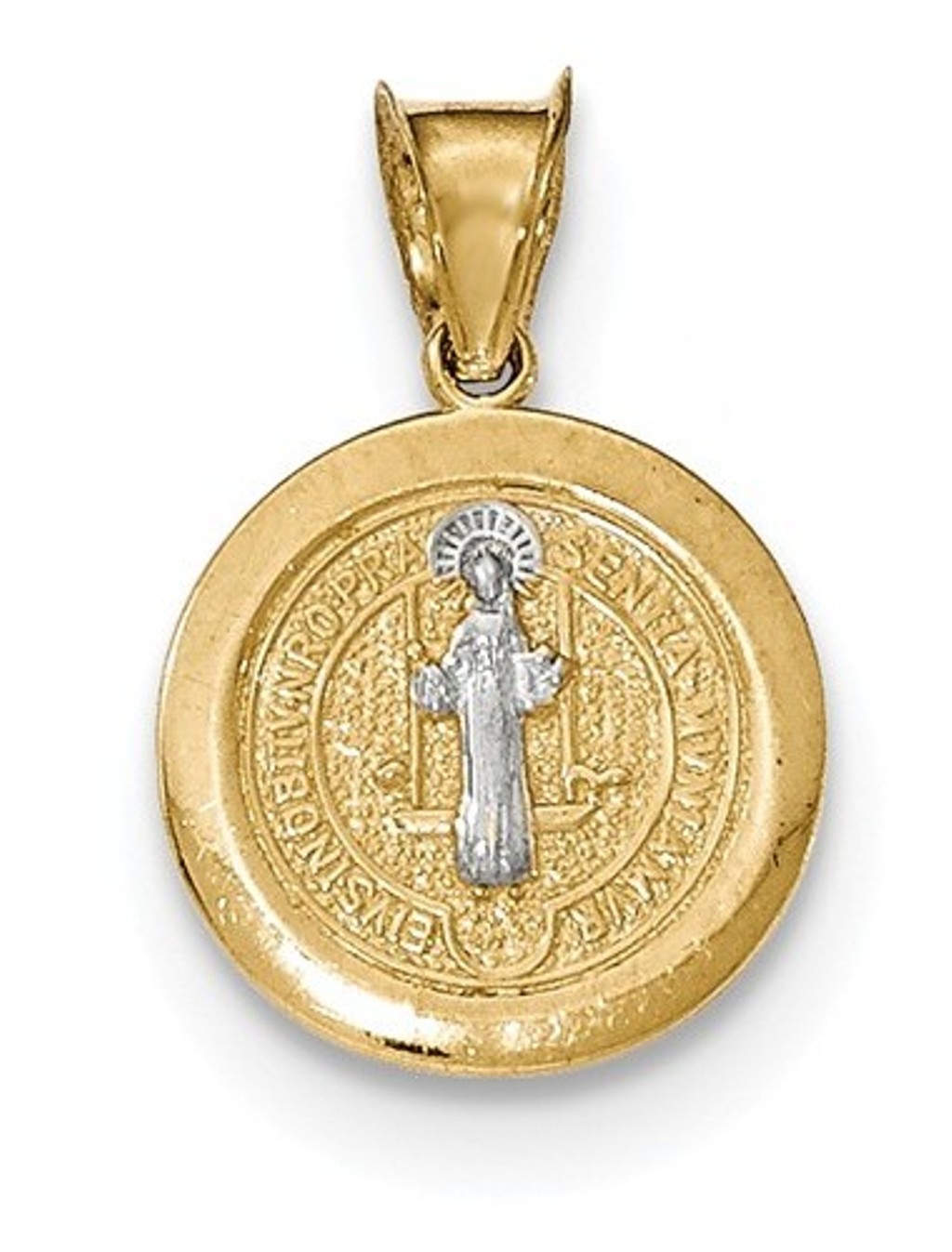 14k Yellow and White Gold Rhodium-Plated Circle St. Benedict Medal Pendant