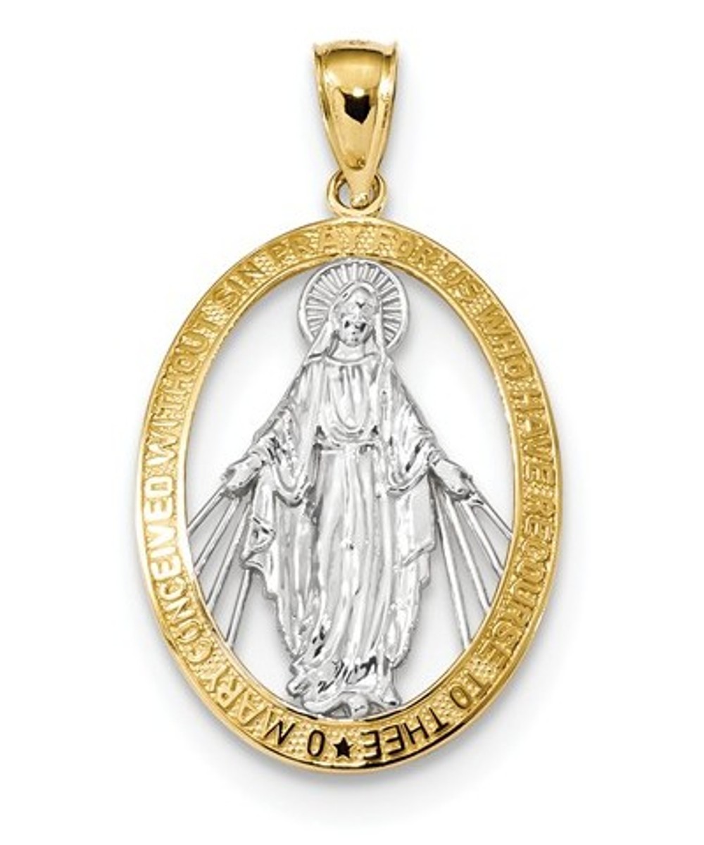 Rhodium-Plated 14k White and Yellow Gold Miraculous Medal Pendant (25.5X19MM)