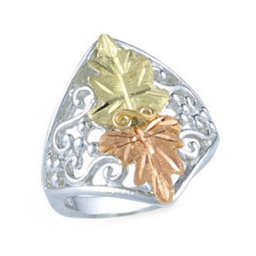 Ladies Pointer Ring, Sterling Silver, 12k Green and Rose Gold Black Hills Gold Motif