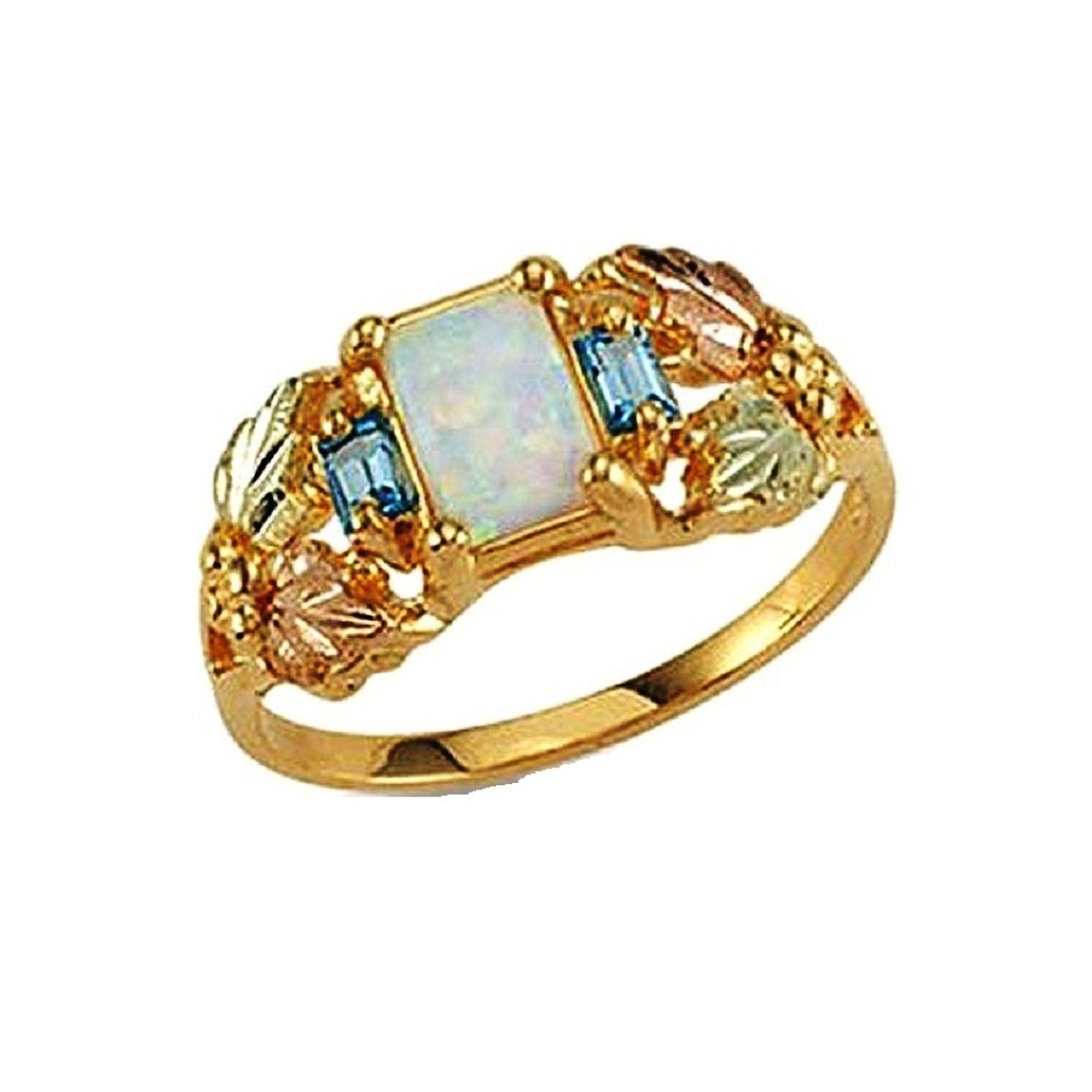 LAB Created Opal with Swiss Blue Topaz Ring, Black Hills Gold motif. 