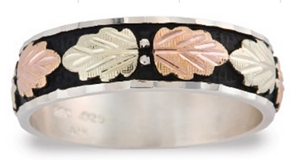 Men's Antiqued Wedding Band, Sterling Silver, 12k Green and Rose Gold Black Hills Gold Motif 