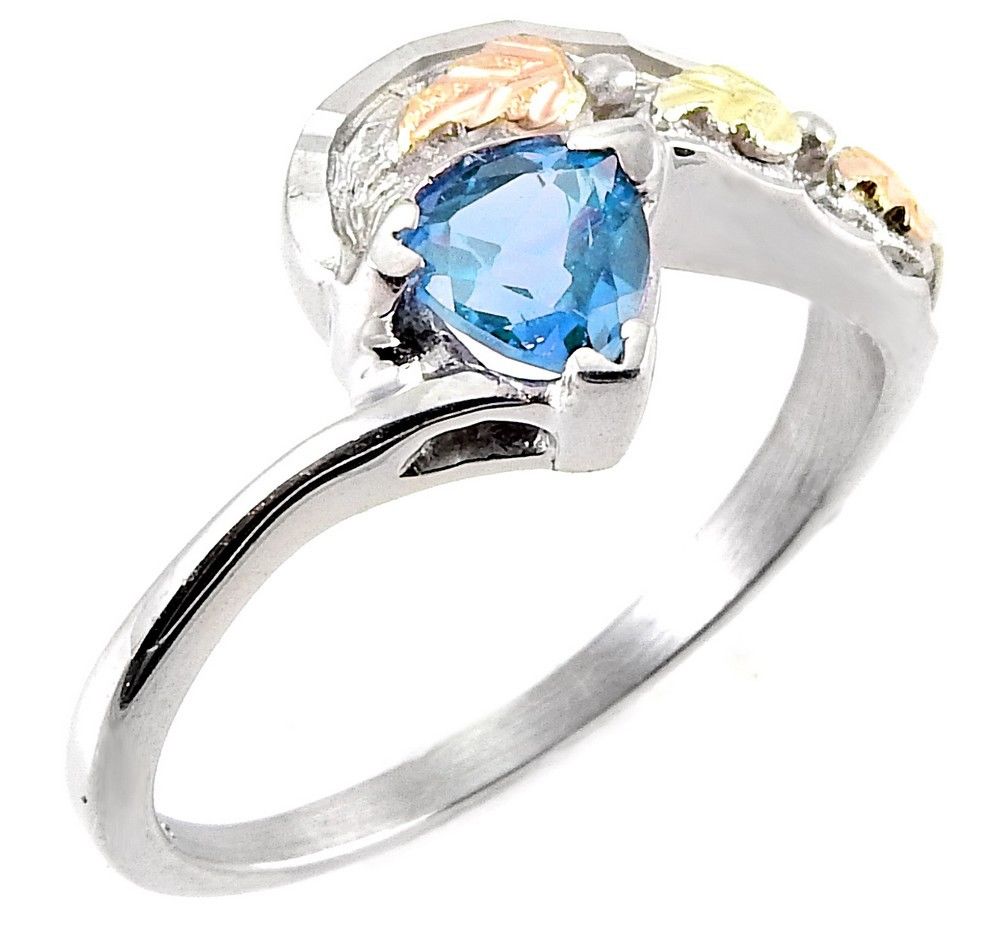 Slim Profile Trillion-Cut Blue Topaz Ring, Sterling Silver, 12k Green and Rose Gold Black Hills Gold Motif 