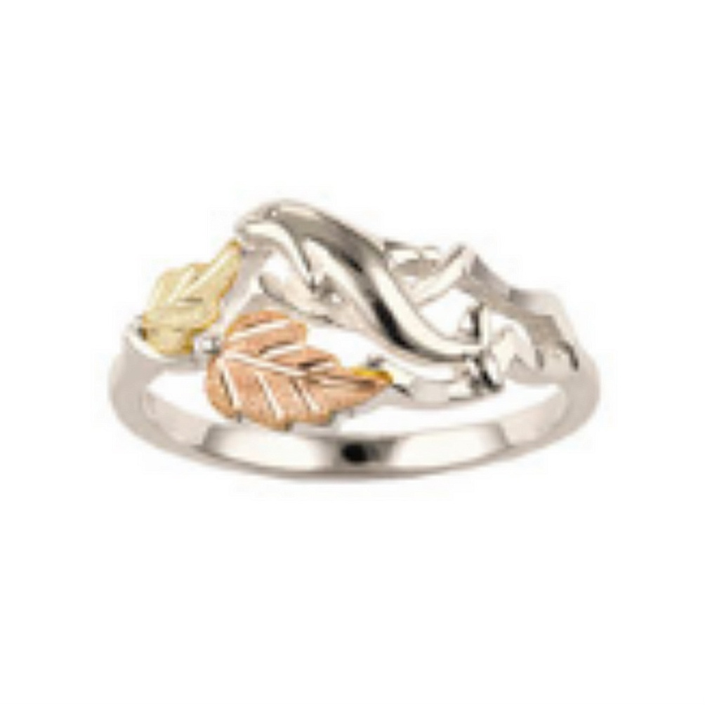 Slim Profile Graduated Leaf Ring, Sterling Silver, 12k Green and Rose Gold Black Hills Gold Motif