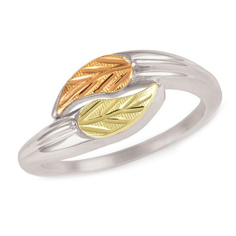 Diamond-Cut Leaf Bypass Ring, Sterling Silver, 12k Green and Rose Gold Black Hills Gold Motif 