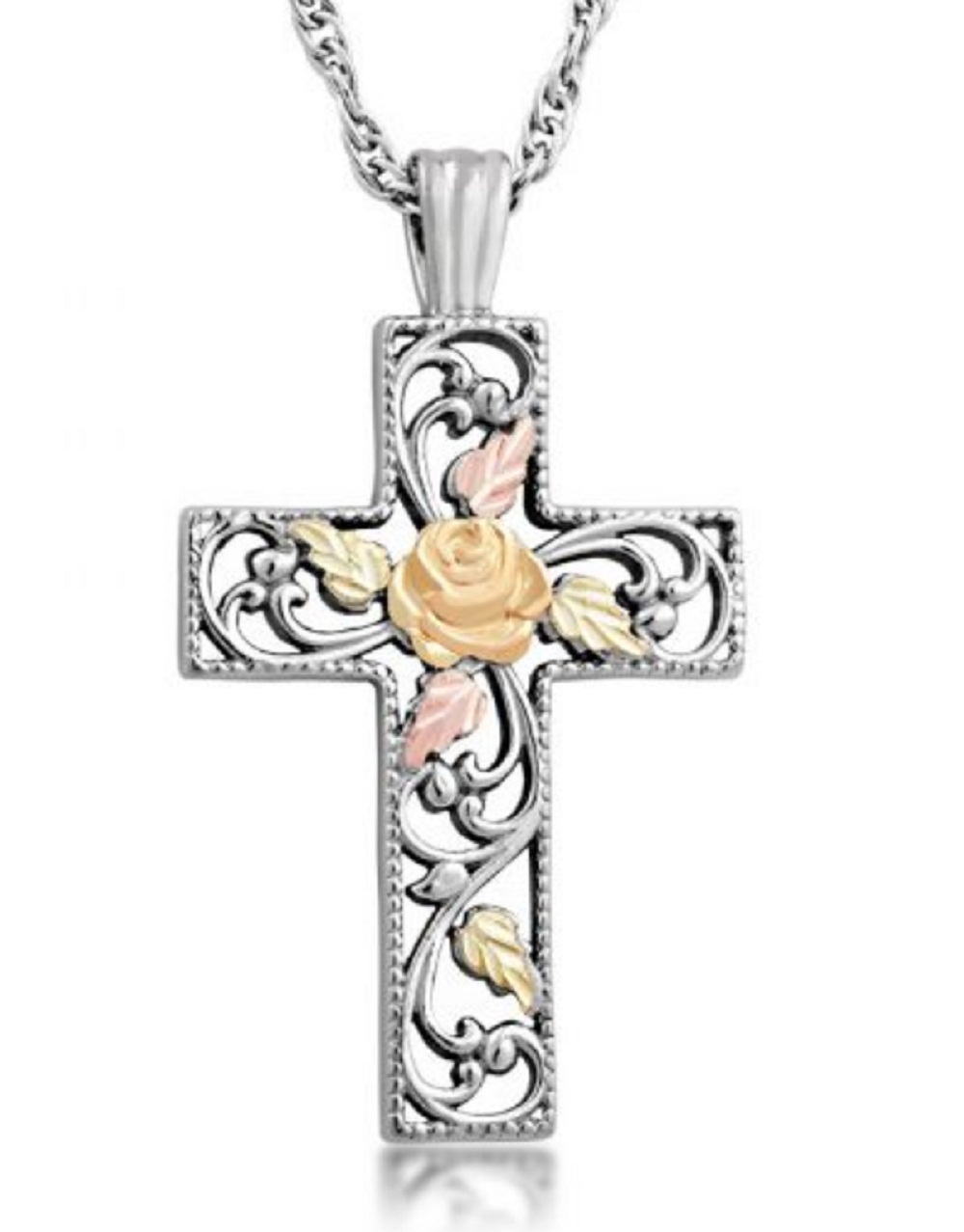 Black Hills Gold Cross with Rose in Sterling Silver. 